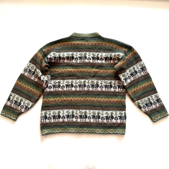 VTG ANDINA 100% ALPACA LLAMA PRINT GREEN MOCK-NECK BUTTON FRONT CARDIGAN SzM/L - Picture 7 of 13